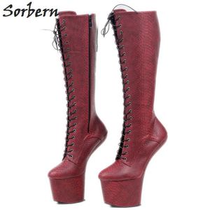Sorben Burgundy Snake Knee High Boots For Women Heelless Light Hoof No Heel Drag Queen Heel Boots Crossdresser Boot Custom Legs