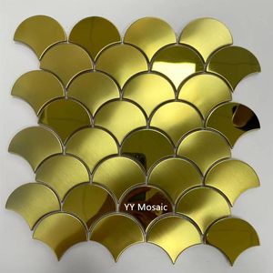 Wall Stickers Luxury Gold Shell Fan Shaped Mirror Brushed Metal Mosaic Tiles, 4 Color Option