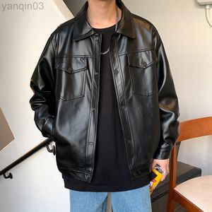 Männer Leder Jacke Frühling Schwarz Weiche Faux Männer Hip Hop Jacke Leder Männlichen Oversize Streetwear Taschen Kleidung L220801