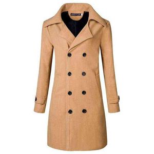 Erkek Yün Karışımları Helisopus Mens İnce Fit Blazer Coat Kış Kış Kırış Uzun Palto Çift Kruvaze Dönüşlü Kapak Rüzgar Yasağı T220810