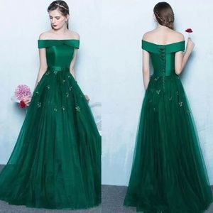 Sexig A-Line Tulle Off Shoulder Handgjorda Blommor Lace Up Prom Dresses Vestidos de Festa Party Evening Dress Hot Sales