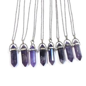 Gioielli curativi Reiki Ametista Naturale Stone Naturale Bullet esagonale Ametisti di quarzo Pendulum Crystal Pendulum Chakra Collana a catena in acciaio inossidabile