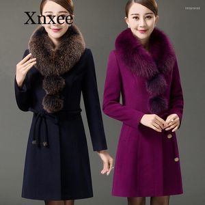 Women's Wool & Blends Plus Size 5XL Women Woolen Coat Autumn Winter Jacket Middle-aged Mother Clothes Solid Big Fur Collar Elegant Lady Bery
