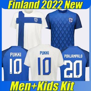 Mavi Futbol Forması Takımları toptan satış-Finlandiya Futbol Formaları Pukki Suomi Milli Takımı Ev Beyaz Uzak Mavi Skrabb Raitala Jensen Erkekler Futbol Gömlekleri Üniformaları