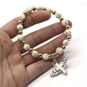 Beaded Strands Handmade Golden White Rosary Beads Chain Bracelet Angel Cross Pendant For Women Religious Catholic Jewelry Gift Lars22