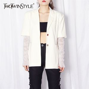 Twotwinstyle Elegant White Patchwork Diamond Coat för kvinnor noterade långärmad avslappnad rockar kvinnliga modekläder 210517