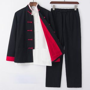 Etnik Giyim 3pcs Erkekler için Geleneksel Çince Setler Pamuk Retro Retro Raso Tai Chi Üniforma Dövüş Sanatları Tang Takım Kungfu Giysileri