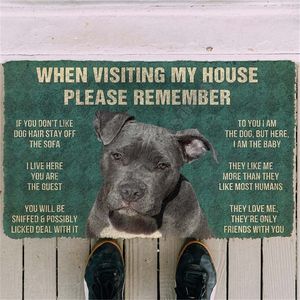 3D-gedruckte Bitte erinnern Sie sich an die Hausregeln der Pitbull-Hunde, individuelle Fußmatte, rutschfeste Tür-Bodenmatten, Dekor Veranda 04 220401