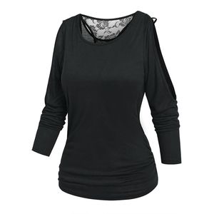 T-shirt da donna tinta unita nera top da donna spalla fredda fiore inserto in pizzo finto twinset donna causale 2 in 1 maglietta streetwear 3XLdonna