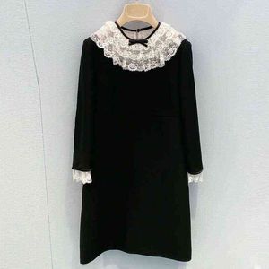 autumn new black dress lace patchwork Ruffle collar long sleeve slim skirt temperament medium