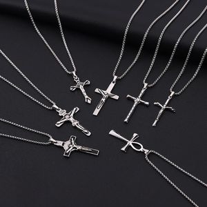 Anhänger Halsketten Großhandel 100 Stücke Vintage Kreuz Halskette Edelstahl Religiöse Jesus 65 CM Kette Schmuck Frauen Kragen Geschenk Anhänger