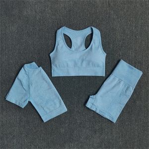 Wareball Seamless 3 SZTUK Kobiety Joga Zestaw Workout Biustonosz Crop Top Krótki Rękaw T Shirt Wysoka Talia Fitness Siłownia Ubrania Sportowe Garnitury 220330