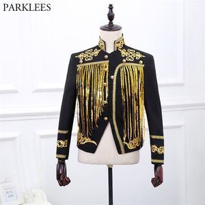 Men's Gold Sequin Tassel Black Blazer Jacket Brand Stand Collar Embroidery Suit Blazer Men Prom Stage Wedding Costume Homme 220815