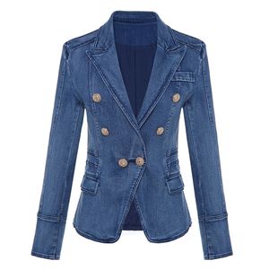 HIGH QUALITY Fashion Designer Women's Metal Lion Buttons Double Breasted Denim Blazer Jacket Outer Coat 220402