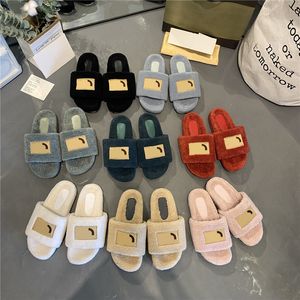 Damenhausschuhe für den Innenbereich, One Word Drag, Kaschmir-Flats, beige Slipper, Gummisohlen, flauschige, pelzige, bestickte Pantoletten mit Box, Schuhgröße 3542