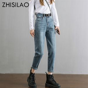 Harem hög midja jeans kvinnor vintage rak pojkvän mamma jeans mujer retro denim byxor blå svart jeans avslappnad 210302