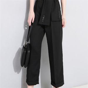 Eam bahar yüksek bel dantel yukarı siyah ince mizaç trendi moda kadınlar s vahşi gündelik geniş bacak pantolon la462 220726
