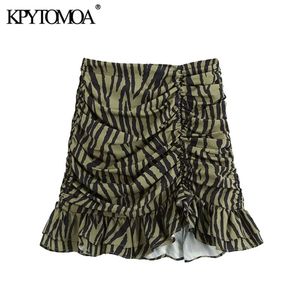 kpytomoa女性シックなファッションヒョウ柄プリントラッフルドレープミニスカートビンテージハイウエストジッパーメススカートMujer 210306