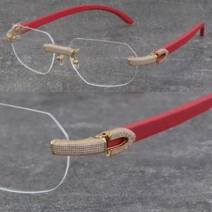 New Luxury Design 1164 Grain Micro-paved Diamond set Rimless Frames Metal Classical Model Glasses 4 Color Wooden Eyewear Men Women Rocks Wire 18K Gold Frame Size:59