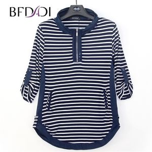 BFDADI Plus Size Autumn Long T-shirts Women Casual Stripe Loose Stand-Up Collar Rolled Edge Design Tees Tops 4440 210312