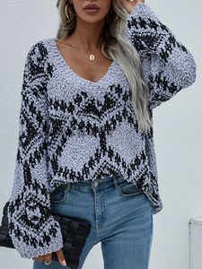 Вязаный свитер женщины Deep V Seck Sexy Pullovers Ladies Print Long Roomvers Jumpers Женская мода свободные топы Truien Dames 220816