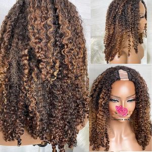 Glueless Highlights Honey Blonde v Part 100％Human Hair Wigs Ombre Strawberry Browncy Curly Middle Wig Peruian Kinky Curl Full U Shape Full Machine Made