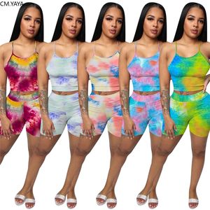 Women Two Pieces Sets Summer Tracksuits Strap Tie-dye Print TopsJogger Shorts Suit Club Leggings Sexy Fitness Outfit GL122 210302