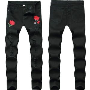 Rose Embroidery Jeans Men Brand Mens Stretchy Ripped Biker Denim Pants Trousers Casual Slim Elastic Black Pencil Pants 201111