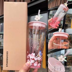 Starbucks new cup pink 591ml bird singing flower fragrance double-layer glass high-capacity coffee drinking cup