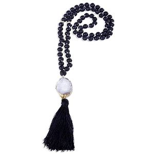 Pendant Necklaces Fashion Black Mala Beads Necklace Jewelry For Women Tassel Pendants Natural White Crystal Stone Statement Fringe Lava Wome