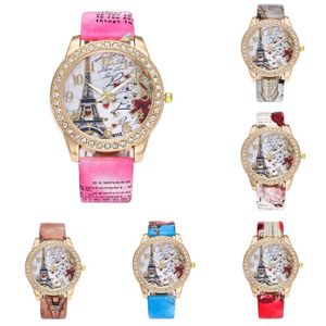 Wristwatches Unisex Wrist Watch Women Men Boho Style Printing Eiffel Tower Pattern Crystal Diamond Couple Ladies Creative Zegarek