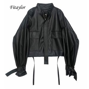 Fitaylor Autumn Women Faux Soft Pu Motorcycle Leather Jacket Casual Loose Black Faux Leather Punk Zipper Overcoat 210923