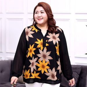 Women's Plus Size T-Shirt Women Chiffon Blouse 8XL Autumn Obesity Loose Female Long-sleeve Printed Shirt Cover Belly Mid-length TopsWomen's