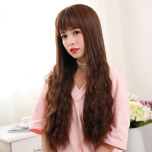 Kıvırcık Saç Stilleri Kadınlar toptan satış-Kore tarzı uzun kıvırcık saçlı saçak moda mısır perm perukları Güney Koreli kadın kabarık peruk seti