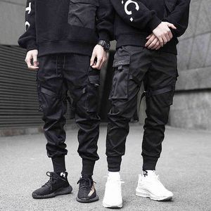 Männer Cargo Hosen Schwarz Bänder Harem Jogger Casual Baumwolle Streetwear Hip Hop Taschen Track Hosen Harajuku Flut Mode Hosen G220507