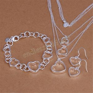 Silverfärg Stamped 925 Love Heart Armband Halsband örhängen smycken set för kvinnor fashion party julklappar