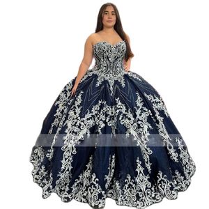 Marineblaue Quinceanera-Kleider mit Perlenstickerei, Spitzenapplikationen, Sweet-15-Kleider, glitzerndes Prinzessinnen-Festzugkleid für Junior-Mädchen