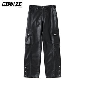 CHOIZE Fashion Black PU Faux Leather Pants Women Straight Leg Pant Loose Trousers Unisex Streetwear Baggy Punk Dark Cargo Men 220719
