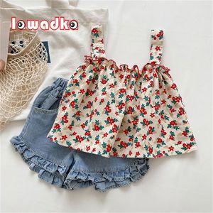 Lawadka Estate Baby Girl Copre Gli Insiemi T-shirt Floreale + Denim Corto 2 Pz Vestito per bambini Abiti di Moda Abbigliamento Morbido 220507