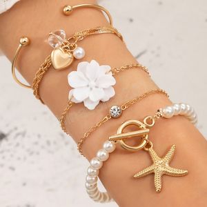 5pcs/sets de luxuosos Pulseiras de Flores de Pedas de Pearl para Mulheres Verão Starfish Heart Centro brilhante Jóias