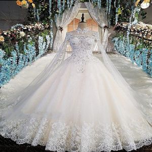 Sexy Lace Ball Gown Wedding Dresses High Neck Crystal Beaded Long Sleeves Bridal Gowns Sequined Tulle Cathedral Train Appliqued Muslim Modern 403