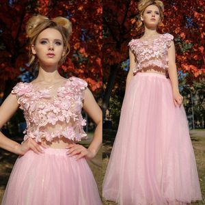 2022 İki Parça Pembe 3D Çiçek Aplikler Prom Elbiseler Seksi İllüzyon Üstü Sütyen Kepçe Boyun Uzun Tül Etek Kızlar Tatlı 16 Özel Durum Partisi Gece Elbise