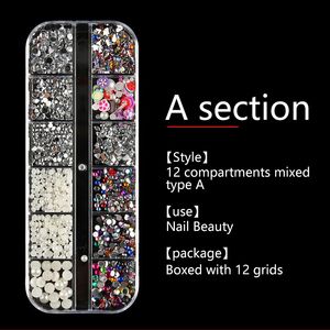 12 Grid 2400Pcs Multi-size Nail Rhinestones Nail Art Decoration Nails Charms Slime Glitter Scrub Manicure Mix Pearl Jewelry