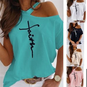 Kvinnor Toppar Sexig Off Shoulder Summer T-Shirts Casual Print T-shirt Kortärmad O-Neck Pullovers Fashion Street Tee 220321