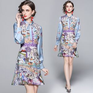 Temperament Lady Dress Long Sleeve Bow Boutique Dress 2022 Summer Autumn Printed Dresses High-end Women Ruffles Dresses