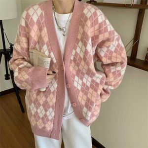 Dams Cardigans z długim rękawem Sweter Argyle Women Koreańska różowa kamizelka swetry Kobiece Skoczczone Kurtka z guzikami 210714