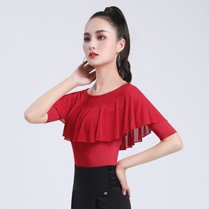 Mulheres Blusas Camisas 2022 Mulheres Ruffle Modern O-Neck Feminino Sexy Latin Dança Roupas Tops Senhoras Meia Manga Traje Desgaste de Desempenho Q3