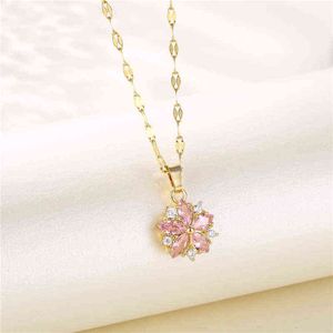 Koreaanse mode roze kristal sakura hanger rvs lip ketting vrouwen kettingen schattige romantische vrouwelijke bruiloft sieraden H220409