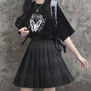 Houzhou gotisk svart rutig kjol Kvinnor kawaii harajuku hög midja veckade minikjolar japanska skoluniform Preppy Style JK 220505