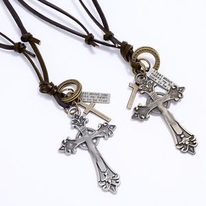 Retro Letter ID Jesus Cross Necklace Ring Charm Justerbar läderkedjhalsband för kvinnor Män modesmycken gåva